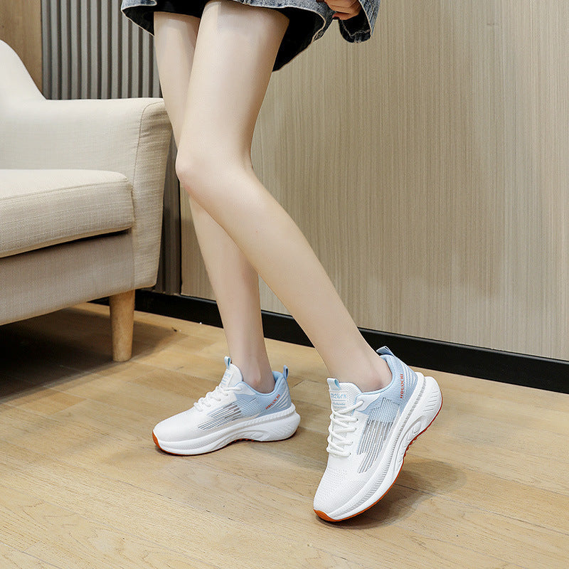 Summer breathable flyknit athletic shoes, men's and women's lightweight thick-soled casual running shoes