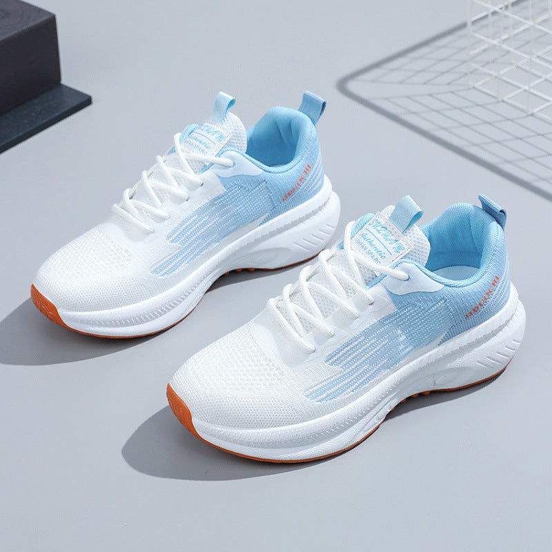 Summer breathable flyknit athletic shoes, men's and women's lightweight thick-soled casual running shoes