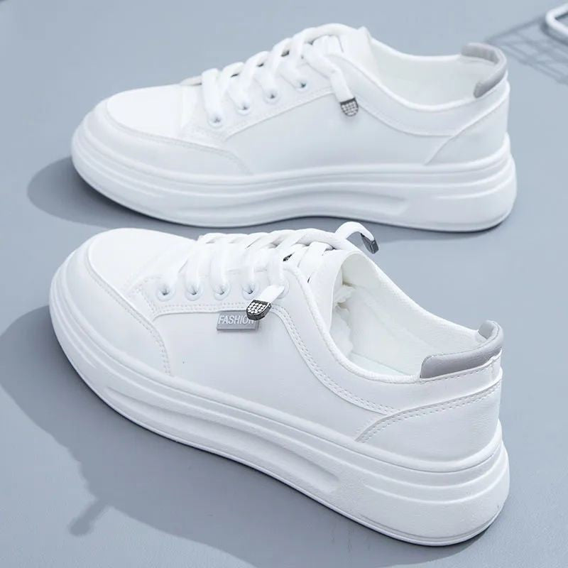 Versatile, no-lace-up white sneakers for women, platform platform, height-increasing leather casual shoes