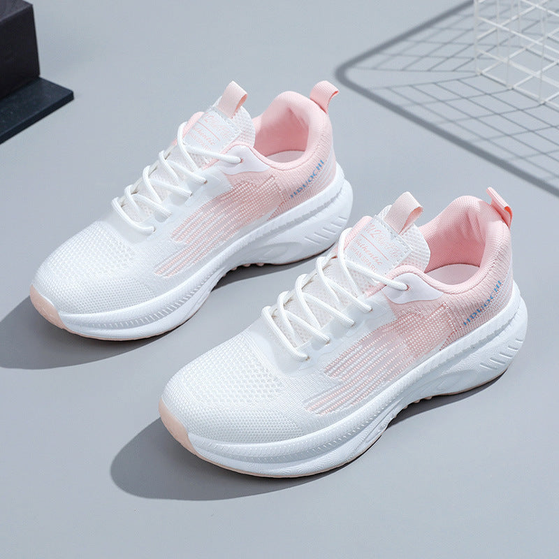 Summer breathable flyknit athletic shoes, men's and women's lightweight thick-soled casual running shoes