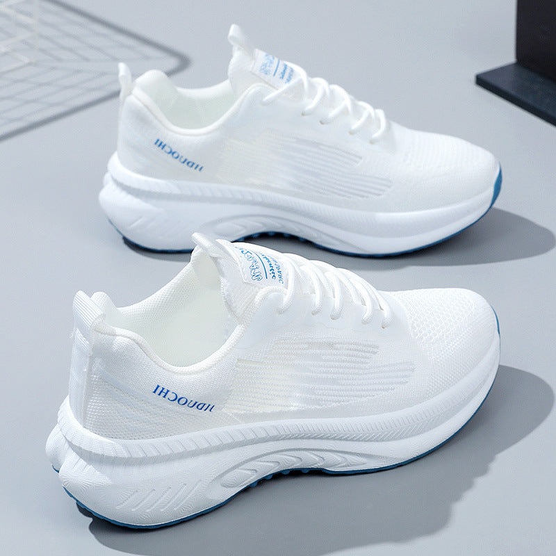 Summer breathable flyknit athletic shoes, men's and women's lightweight thick-soled casual running shoes