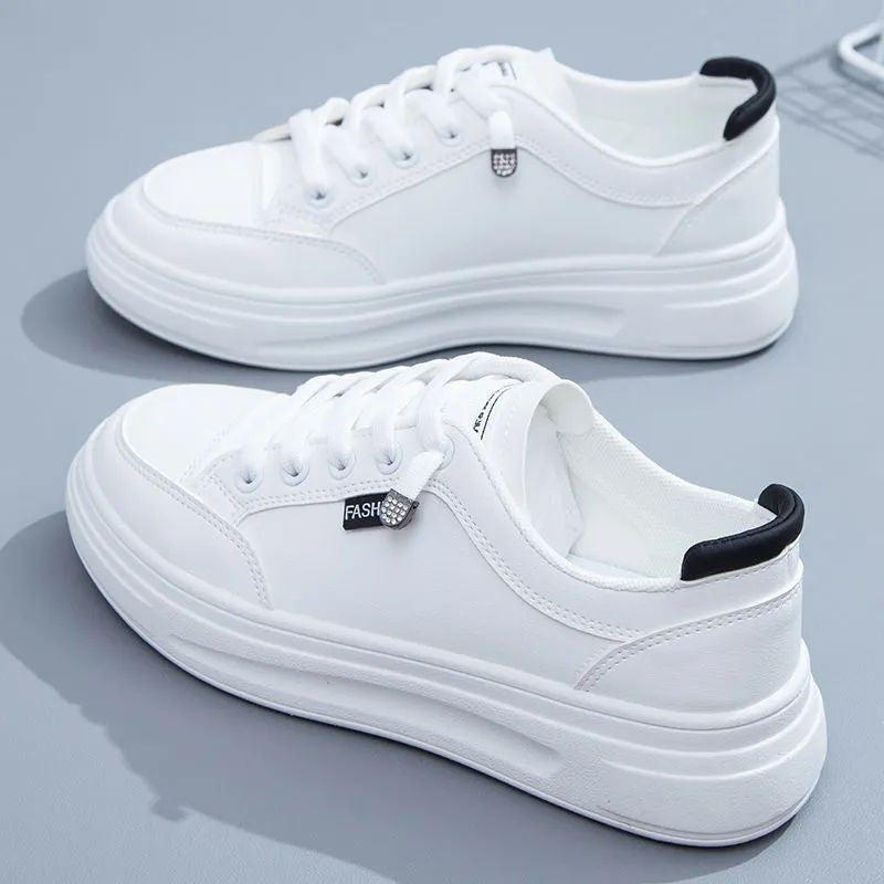 Versatile, no-lace-up white sneakers for women, platform platform, height-increasing leather casual shoes