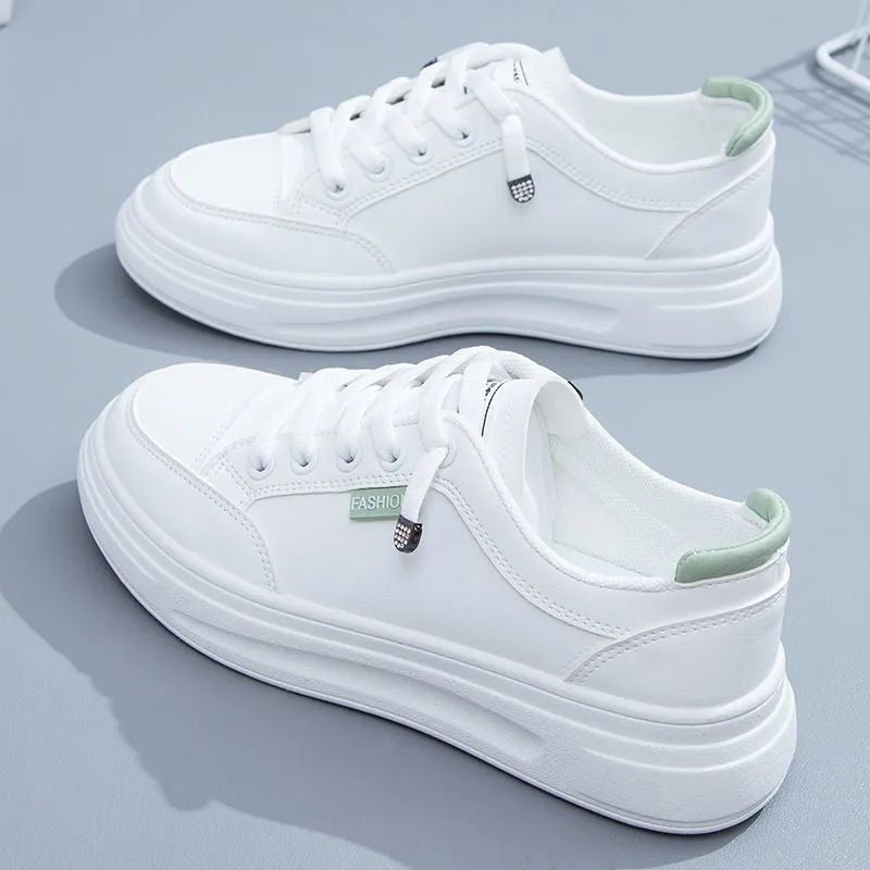 Versatile, no-lace-up white sneakers for women, platform platform, height-increasing leather casual shoes